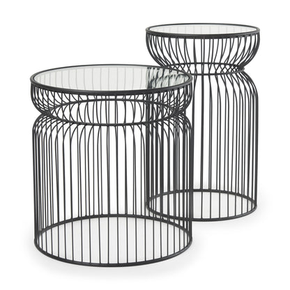 Set of Two Clear and Black Tempered Glass and Metal Wire Round Drum End Tables