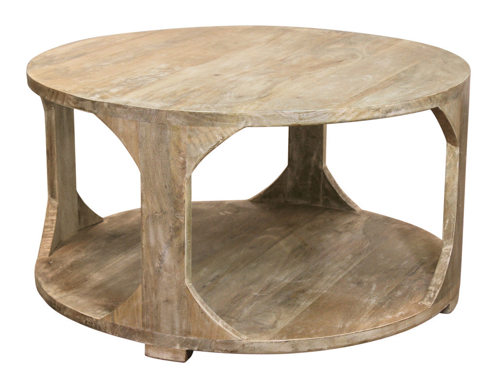 34" Natural Solid Wood Round Distressed Floor Shelf Coffee Table With Shelf