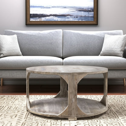 34" Natural Solid Wood Round Distressed Floor Shelf Coffee Table With Shelf