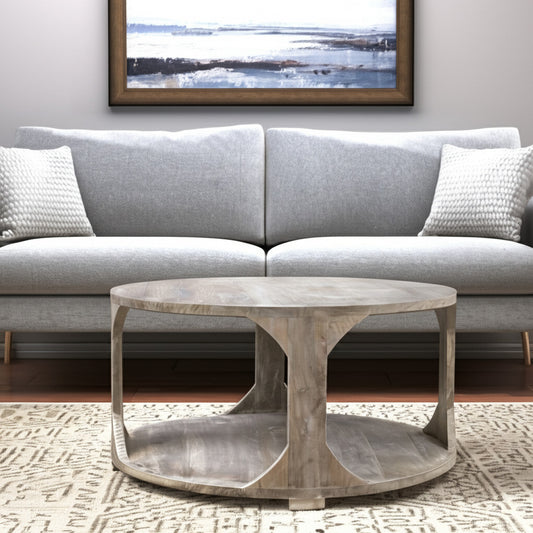 34" Natural Solid Wood Round Distressed Floor Shelf Coffee Table With Shelf