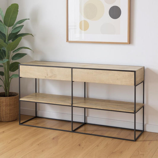 63" Natural and Black Solid Wood and Metal Frame Console Table With Shelf And With Two Drawers