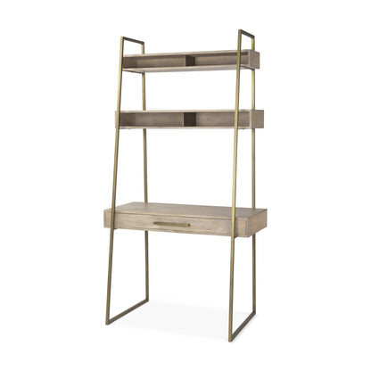 42" Brown and Gold Solid Wood and Metal Sled Ladder Desk