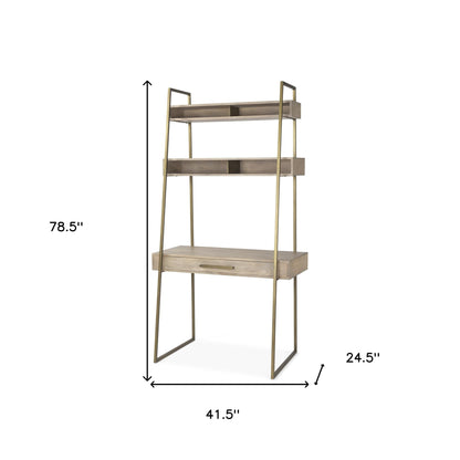42" Brown and Gold Solid Wood and Metal Sled Ladder Desk