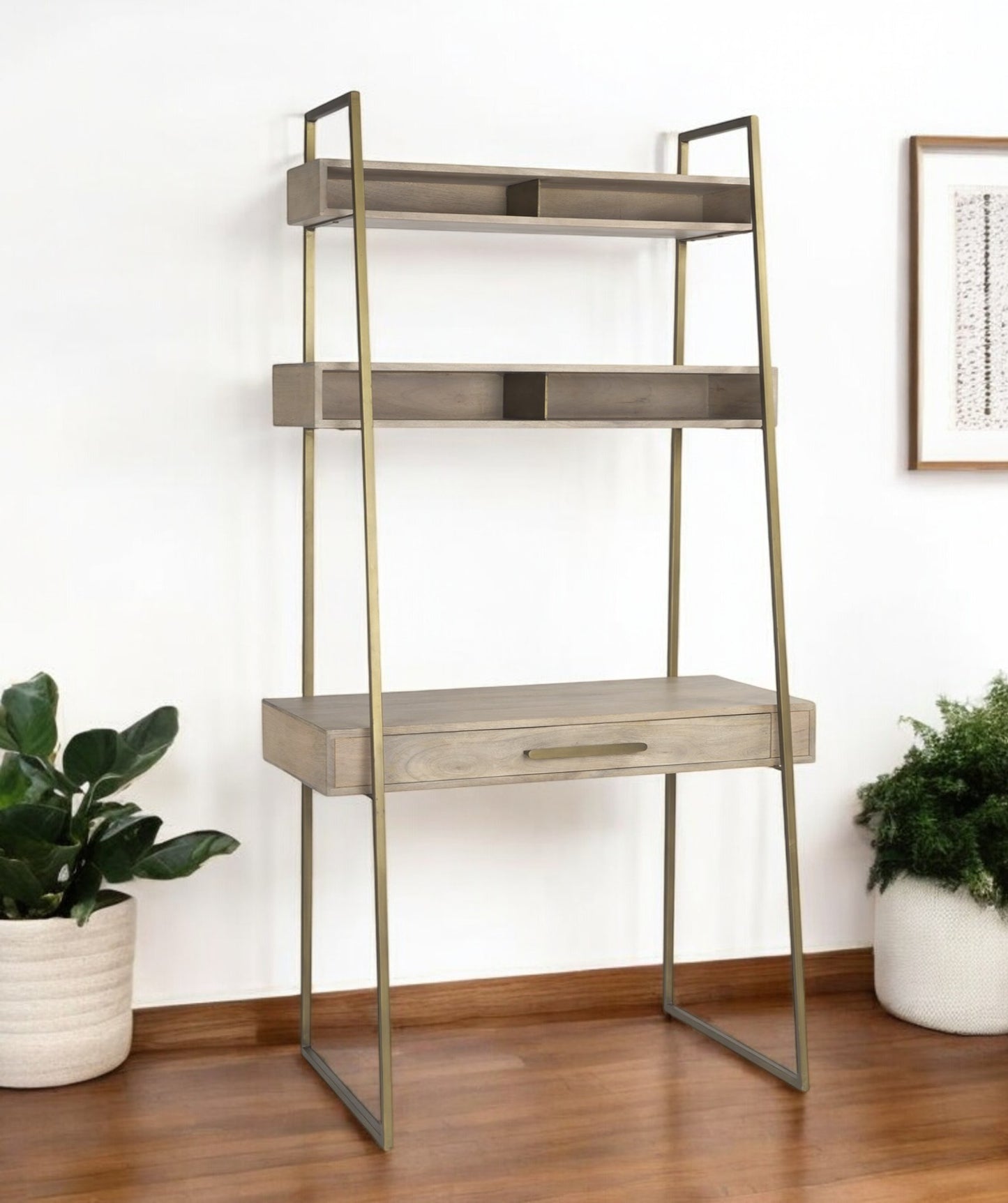 42" Brown and Gold Solid Wood and Metal Sled Ladder Desk