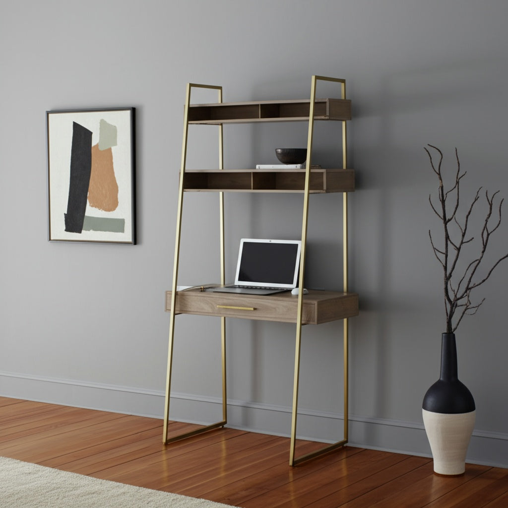 42" Brown and Gold Solid Wood and Metal Sled Ladder Desk