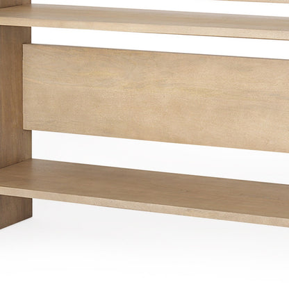 76" Natural and Brown Solid Wood Sled Console Table With Two Shelves