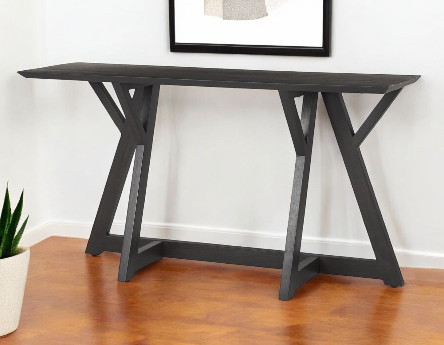 54" Brown Solid Wood Trestle Console Table