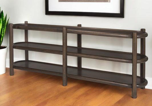 80" Dark Brown Solid Wood Oval Six Leg Console Table With Two Shelves