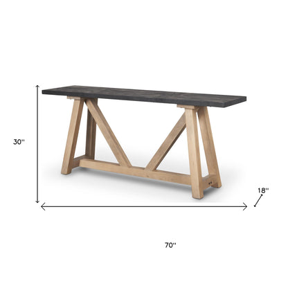 70" Black and Brown Solid Wood Trestle Console Table