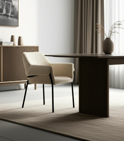 Cream and Black Boucle And Metal Dining Arm Chair