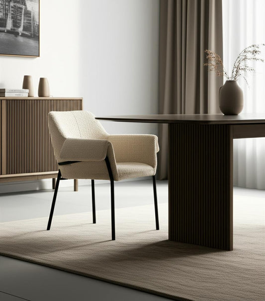 Cream and Black Boucle And Metal Dining Arm Chair
