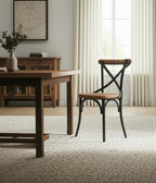 Light Brown and Black Solid Wood And Iron Cross Back Dining Side Chair