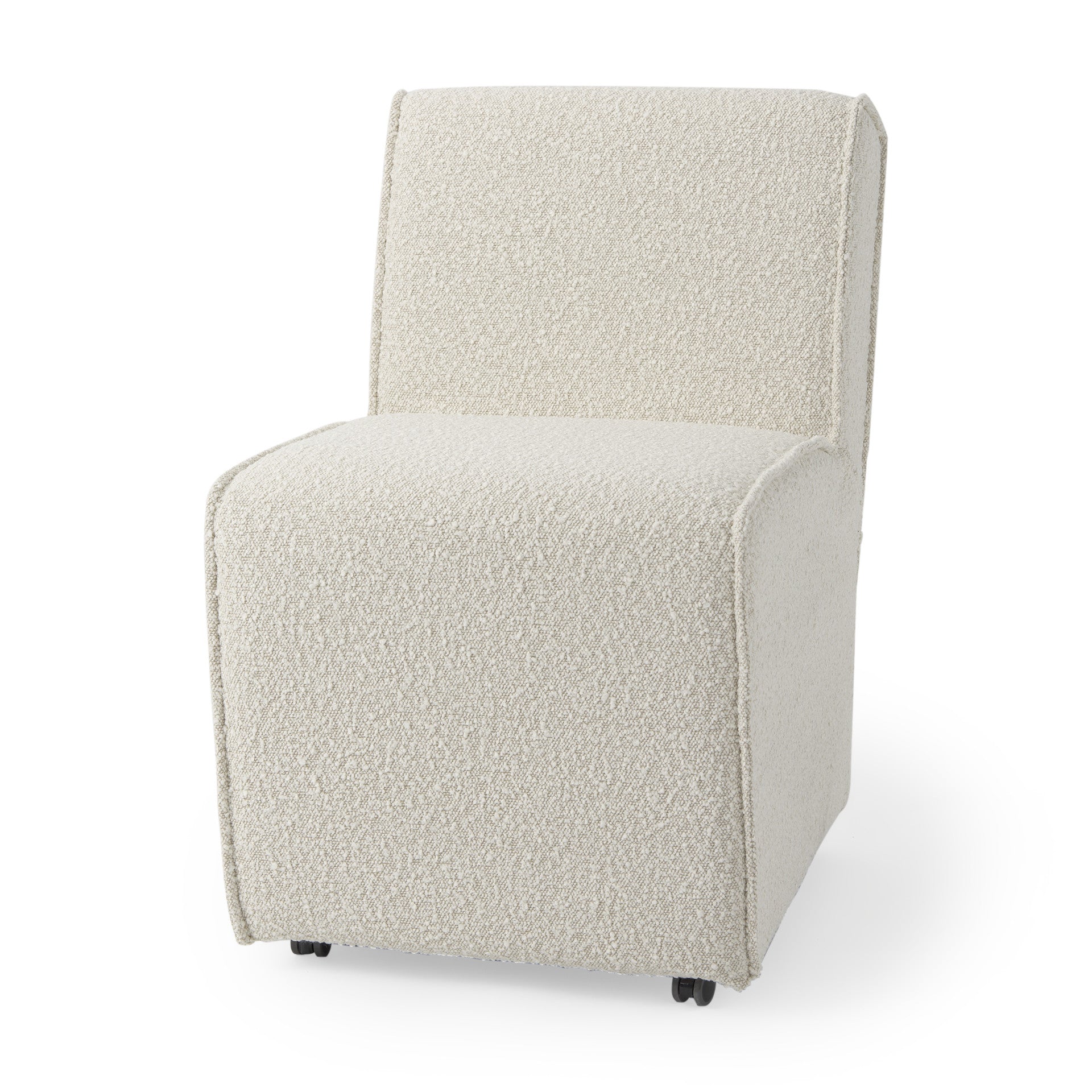 Cream Fully Upholstered Boucle Dining Side Chair With Wheels