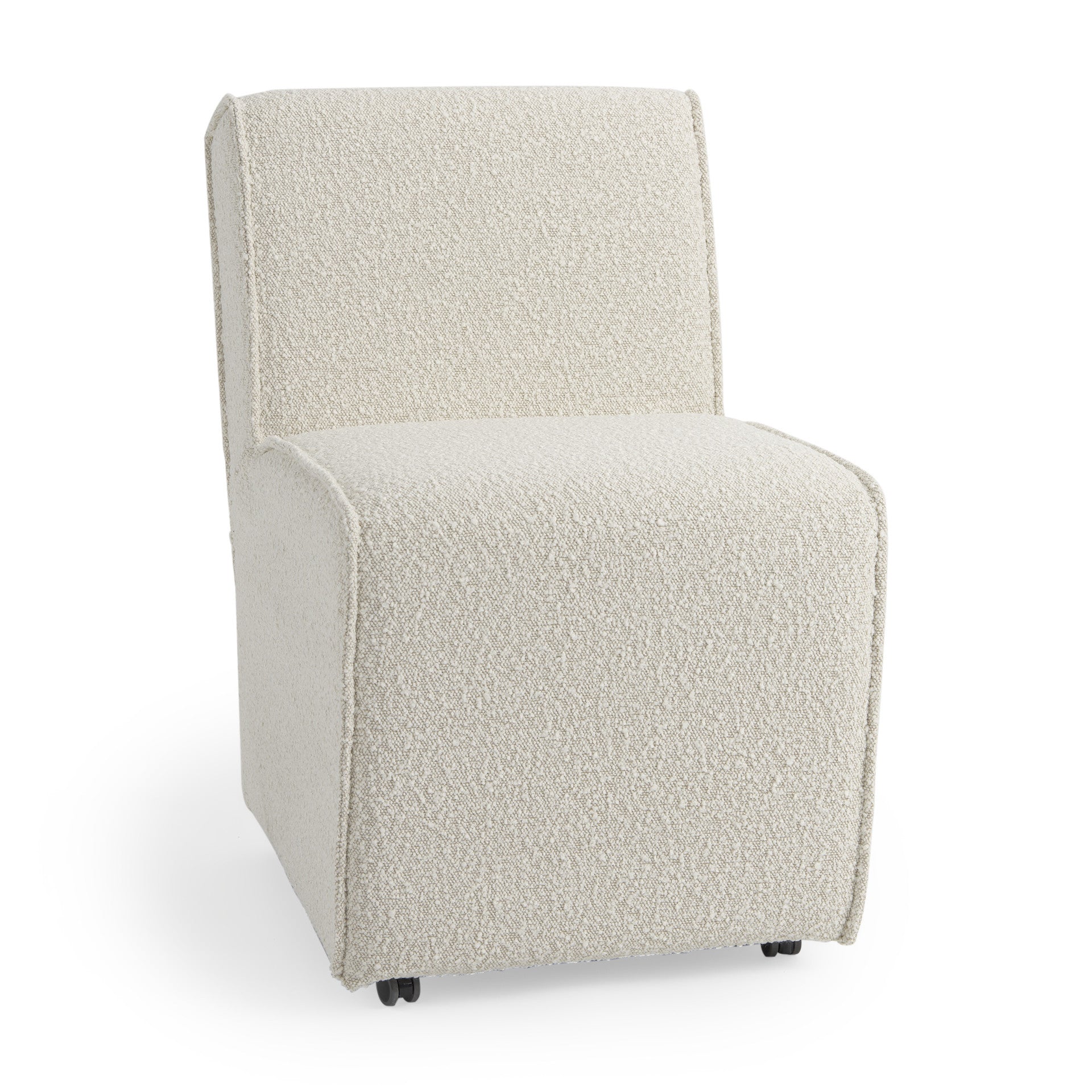 Cream Fully Upholstered Boucle Dining Side Chair With Wheels