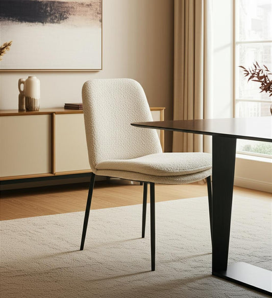 Cream and Black Upholstered Boucle And Metal Dining Side Chair