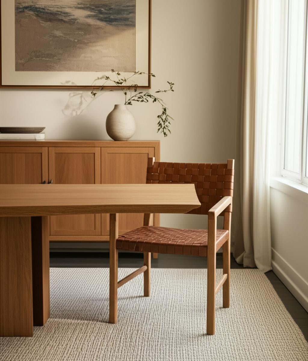 Brown Woven Leather And Solid Wood Dining Arm Chair