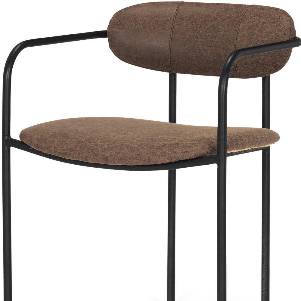 Brown and Black Faux Leather And Metal Open Back Dining Arm Chair