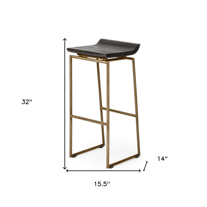 30" Black and Gold Solid Wood and Metal Backless Bar Height Bar Chair