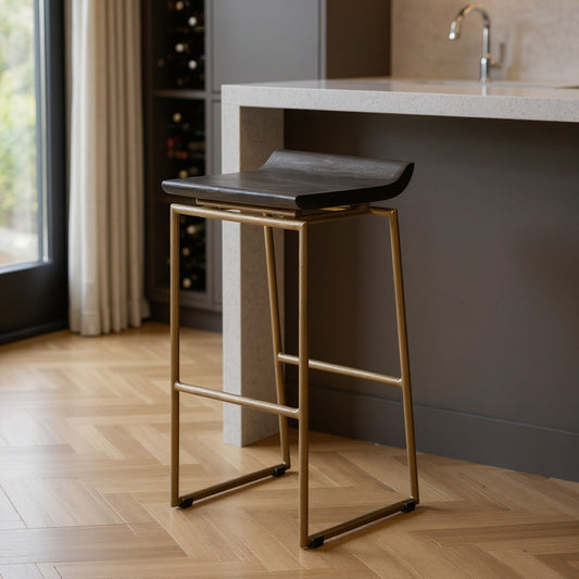 30" Black and Gold Solid Wood and Metal Backless Bar Height Bar Chair