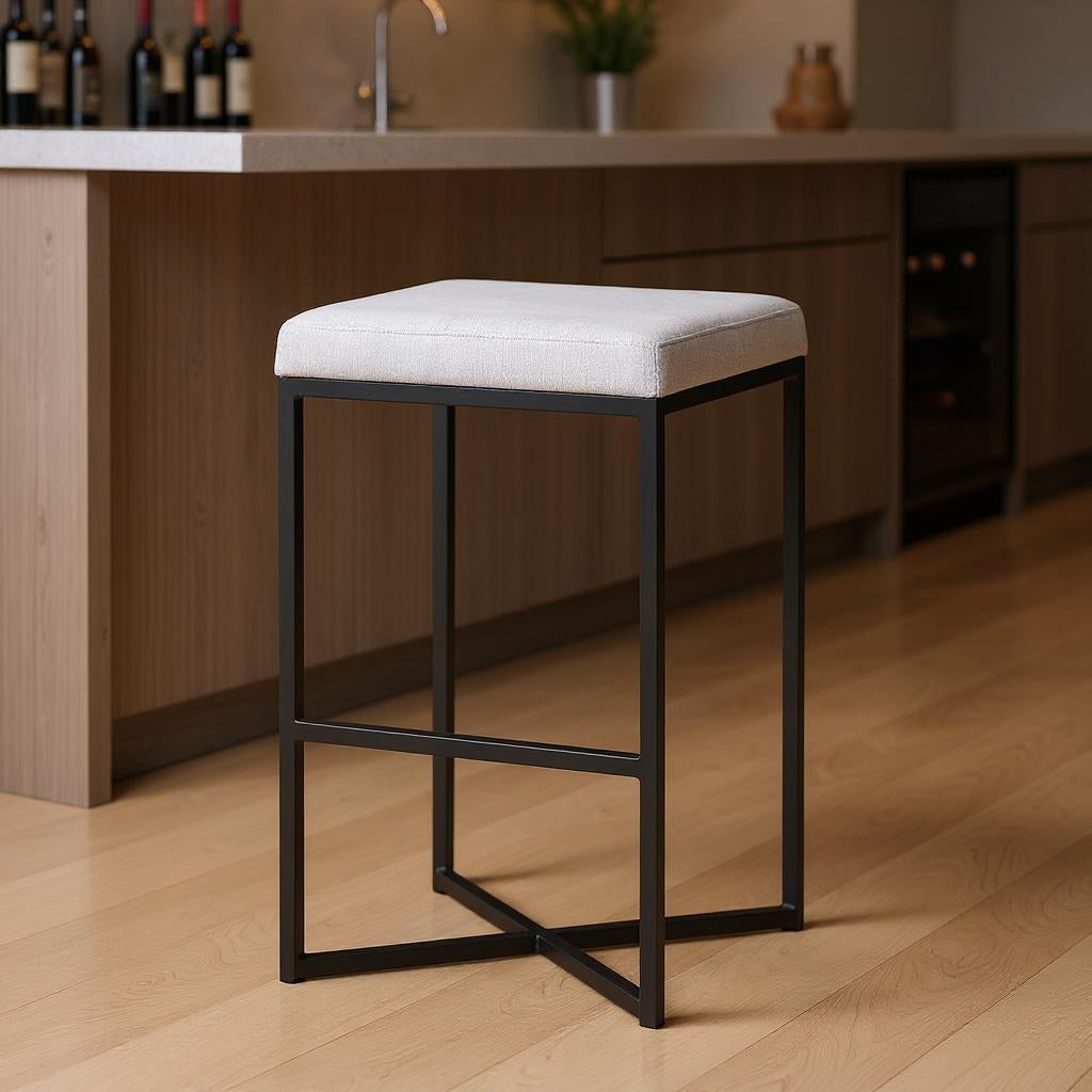 30" White and Black Iron and Fabric Backless Bar Height Bar Chair