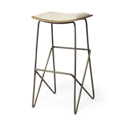 30" Cream and Gold Iron and Fabric Backless Bar Height Bar Chair