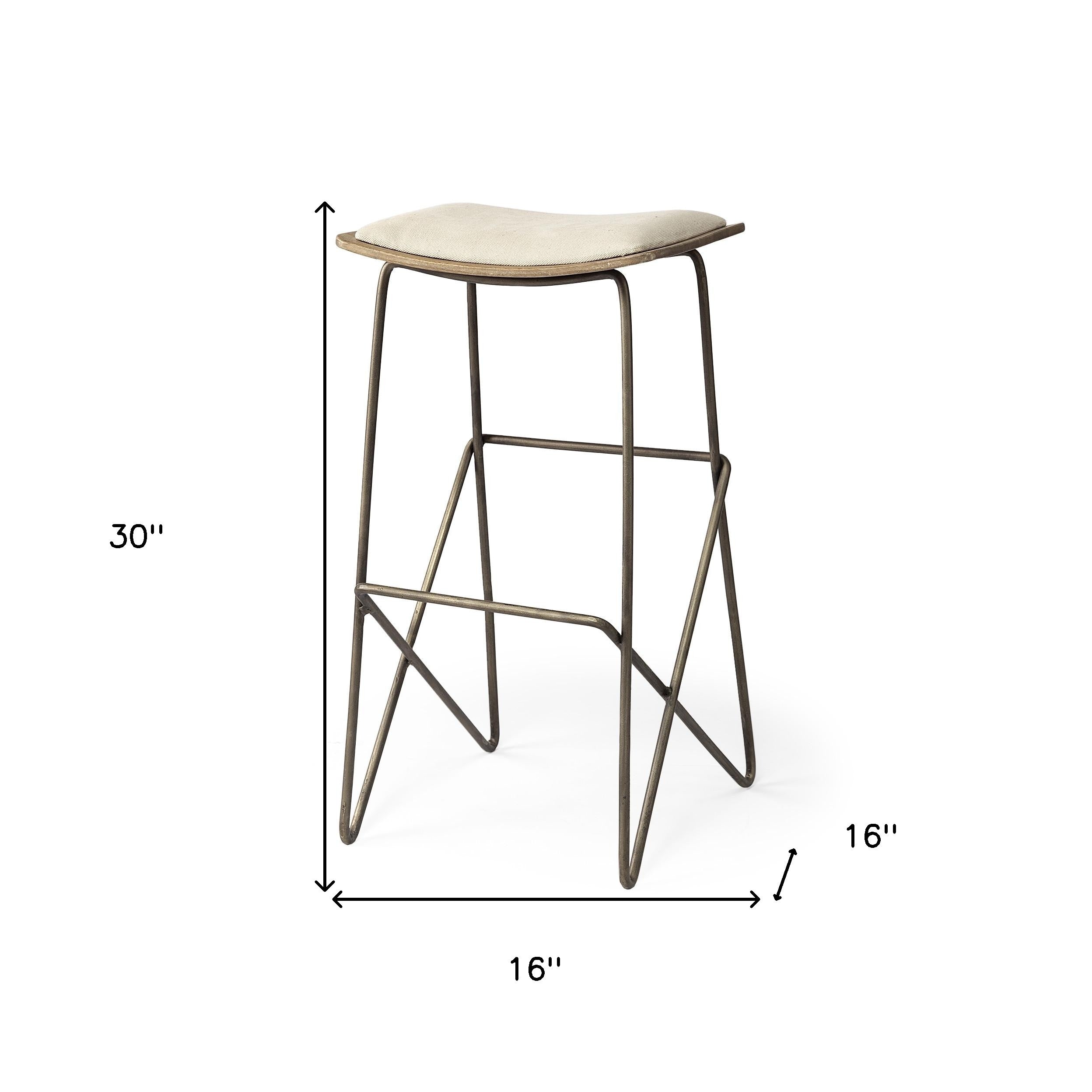 30" Cream and Gold Iron and Fabric Backless Bar Height Bar Chair