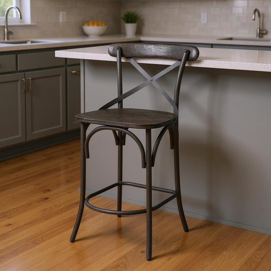 26" Black Solid Wood and Iron Counter Height Bar Chair