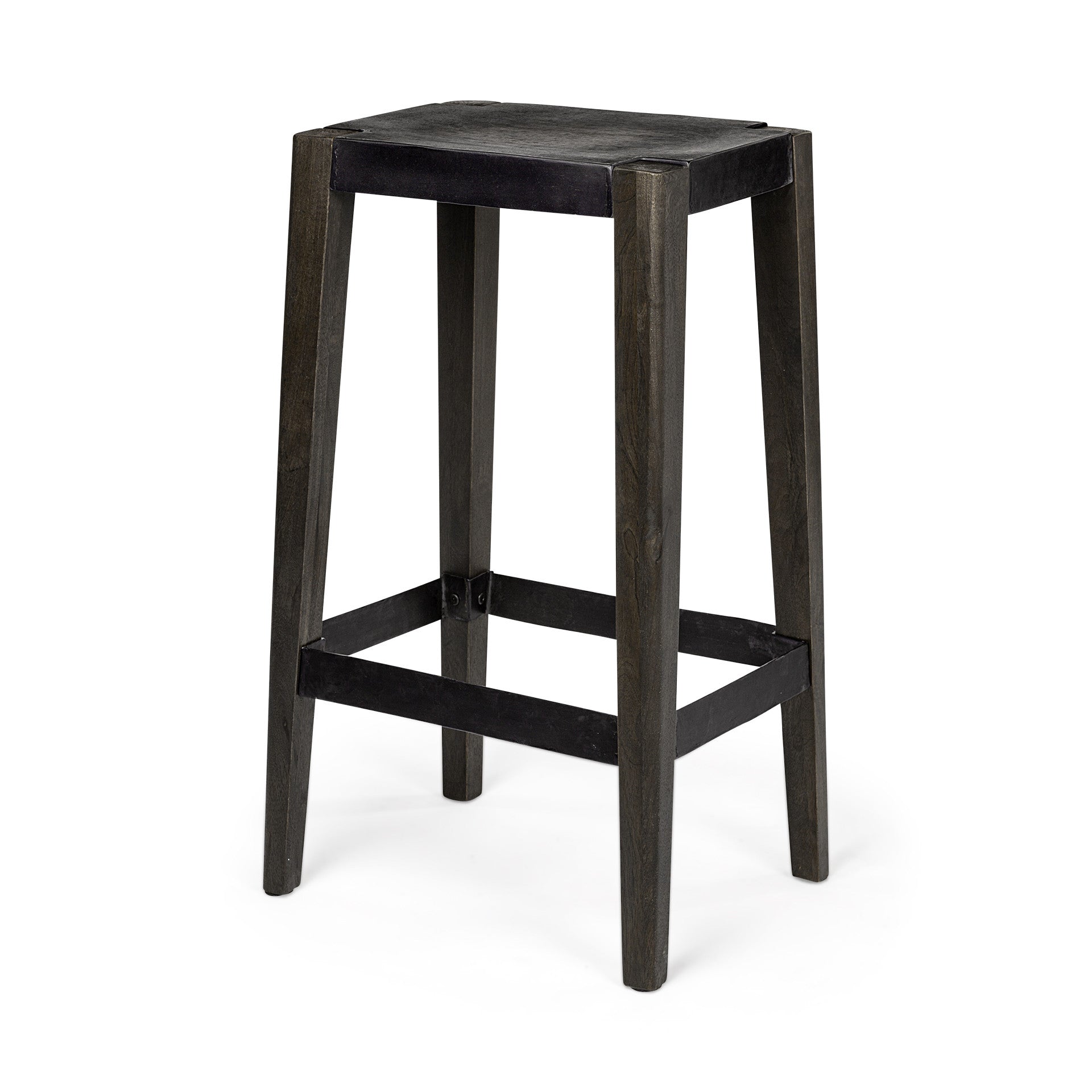 30" Black Iron and Solid Wood Backless Bar Height Bar Chair