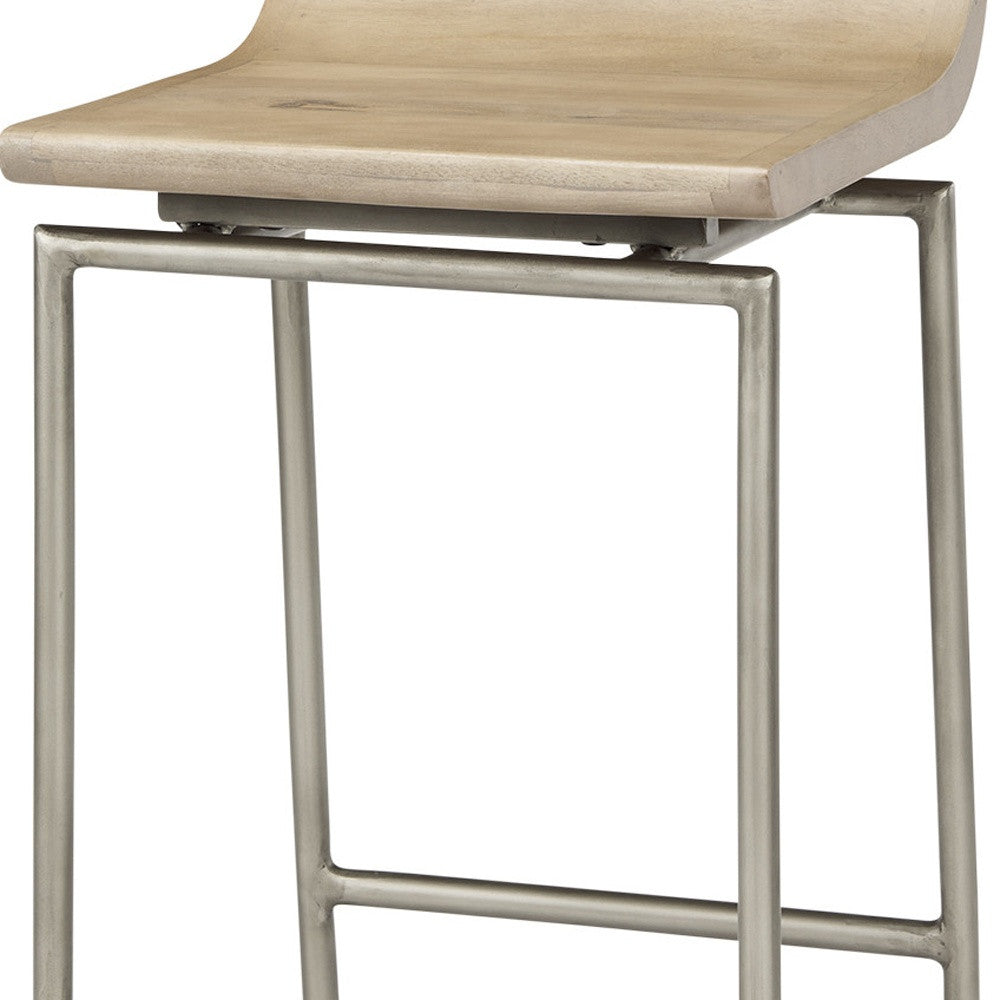 25" Natural and Silver Solid Wood and Iron Low Back Counter Height Bar Chair