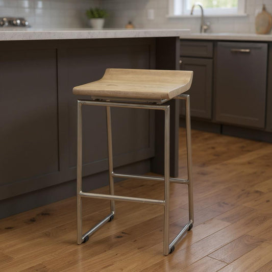 25" Natural and Silver Solid Wood and Iron Low Back Counter Height Bar Chair