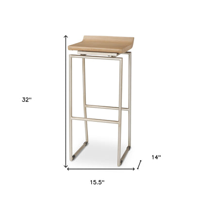 31" Natural and Silver Solid Wood and Iron Low Back Bar Height Bar Chair