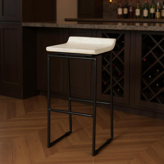 31" Natural and Black Solid Wood and Metal Low Back Bar Height Bar Chair