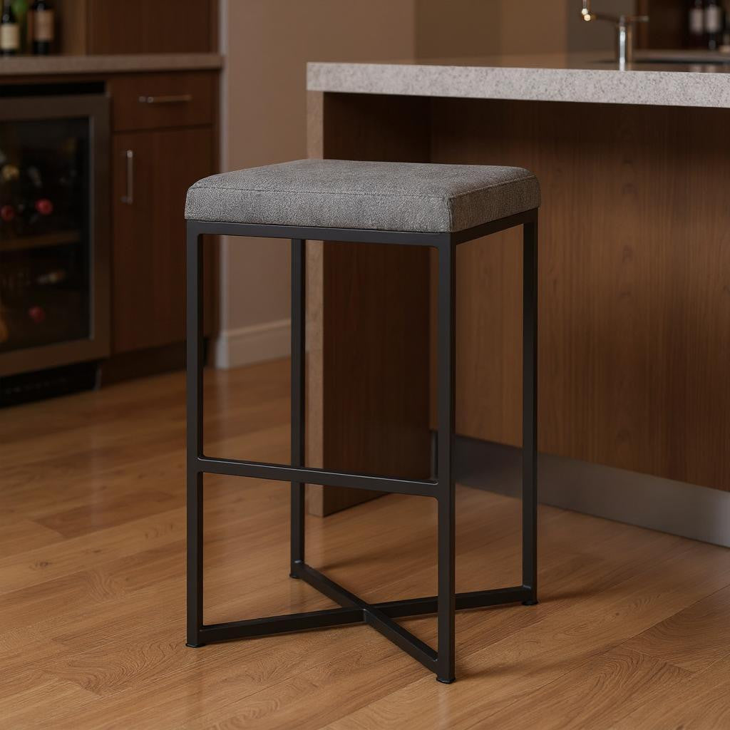30" Gray and Black Fabric and Iron Backless Bar Height Bar Chair