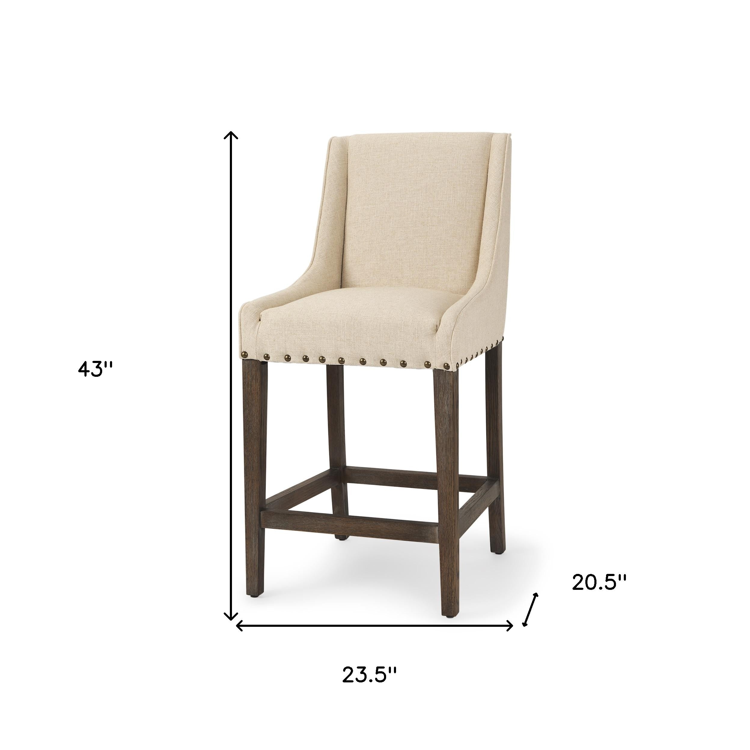 28" Cream and Brown Fabric and Solid Wood Counter Height Bar Chair