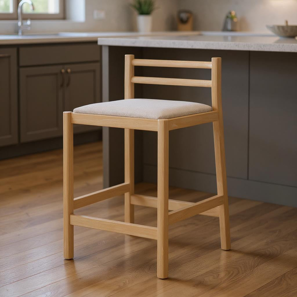 26" Beige and Natural Fabric and Solid Wood Low Back Counter Height Bar Chair