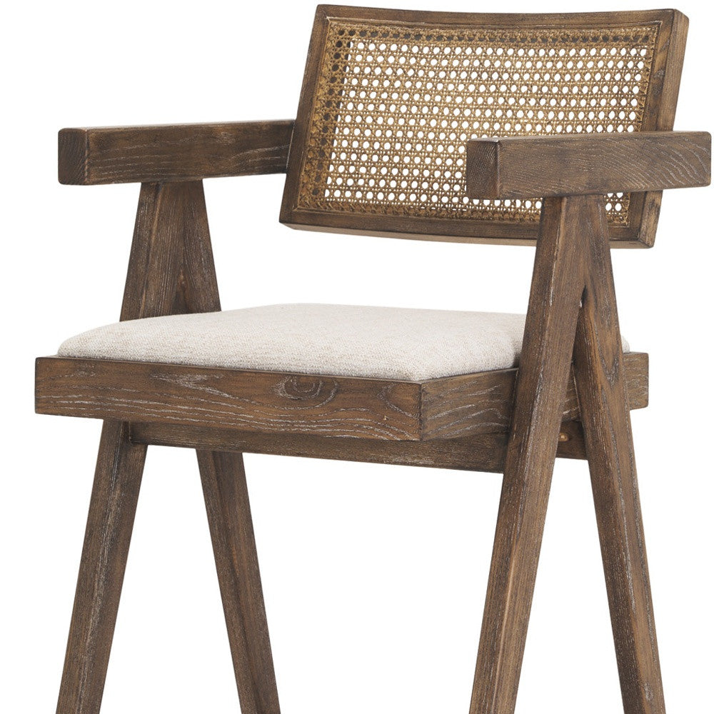 30" Off White and Brown Fabric and Solid Wood Low Back Bar Height Bar Chair