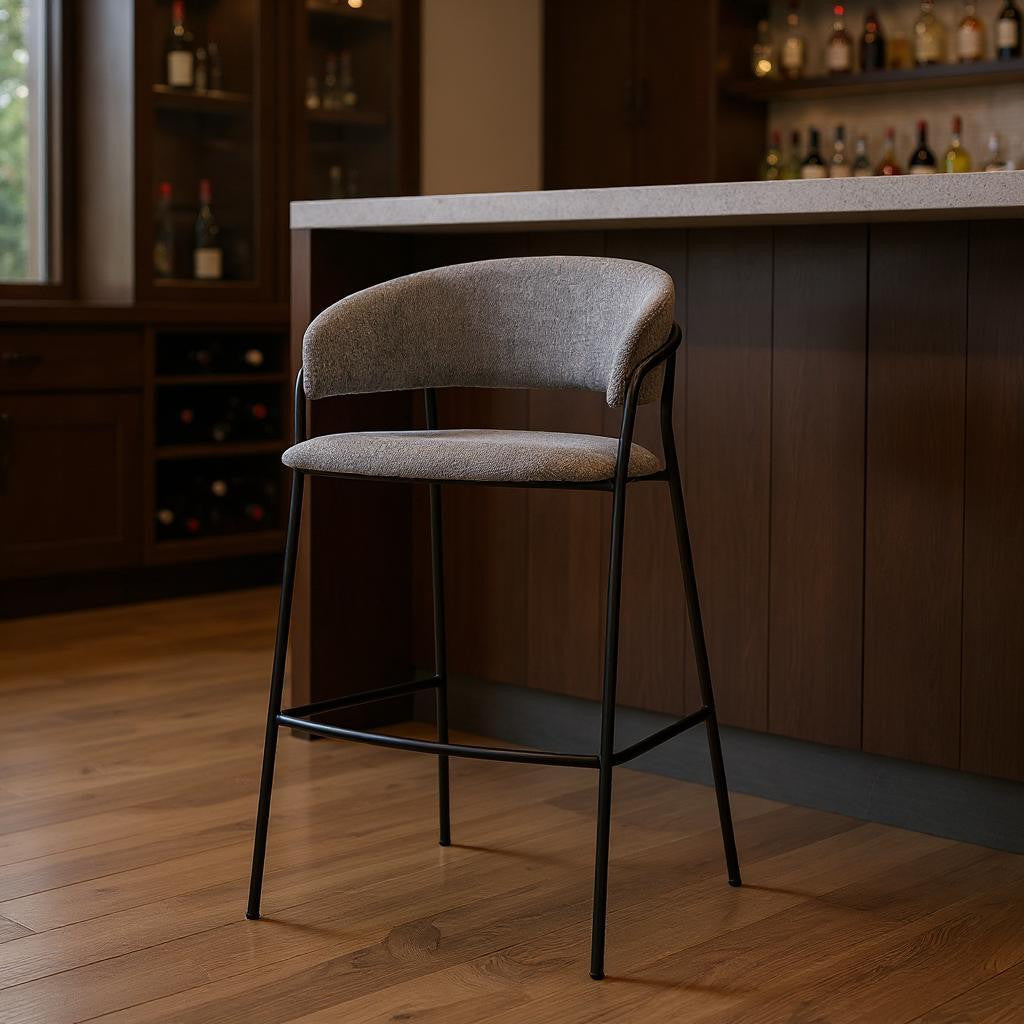 30" Gray and Black Fabric and Metal Bar Height Bar Chair