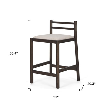 26" Cream and Dark Brown Fabric and Solid Wood Low Back Counter Height Bar Chair