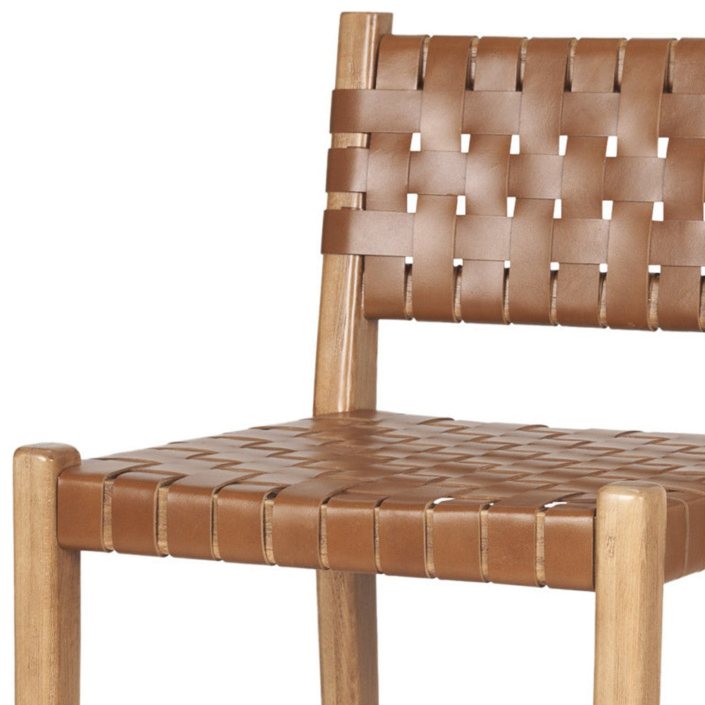 26" Brown and Natural Leather and Solid Wood Low Back Counter Height Bar Chair
