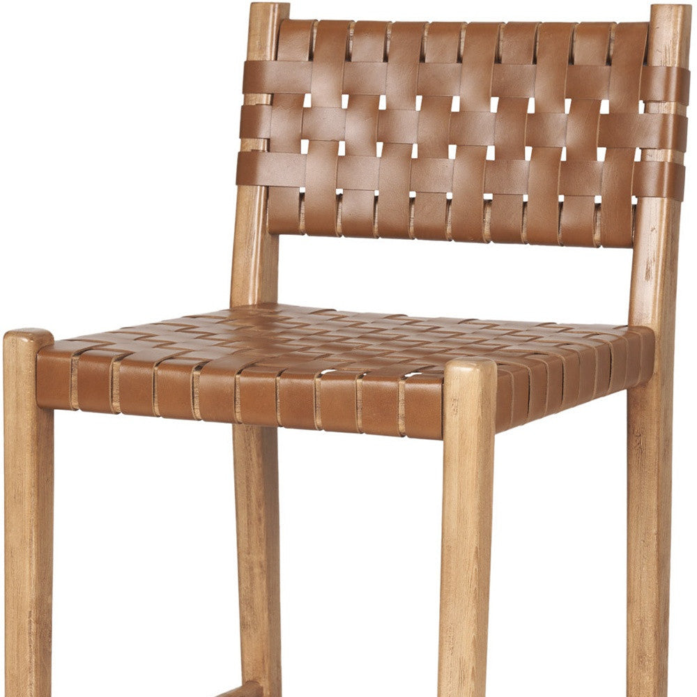 26" Brown and Natural Leather and Solid Wood Low Back Counter Height Bar Chair