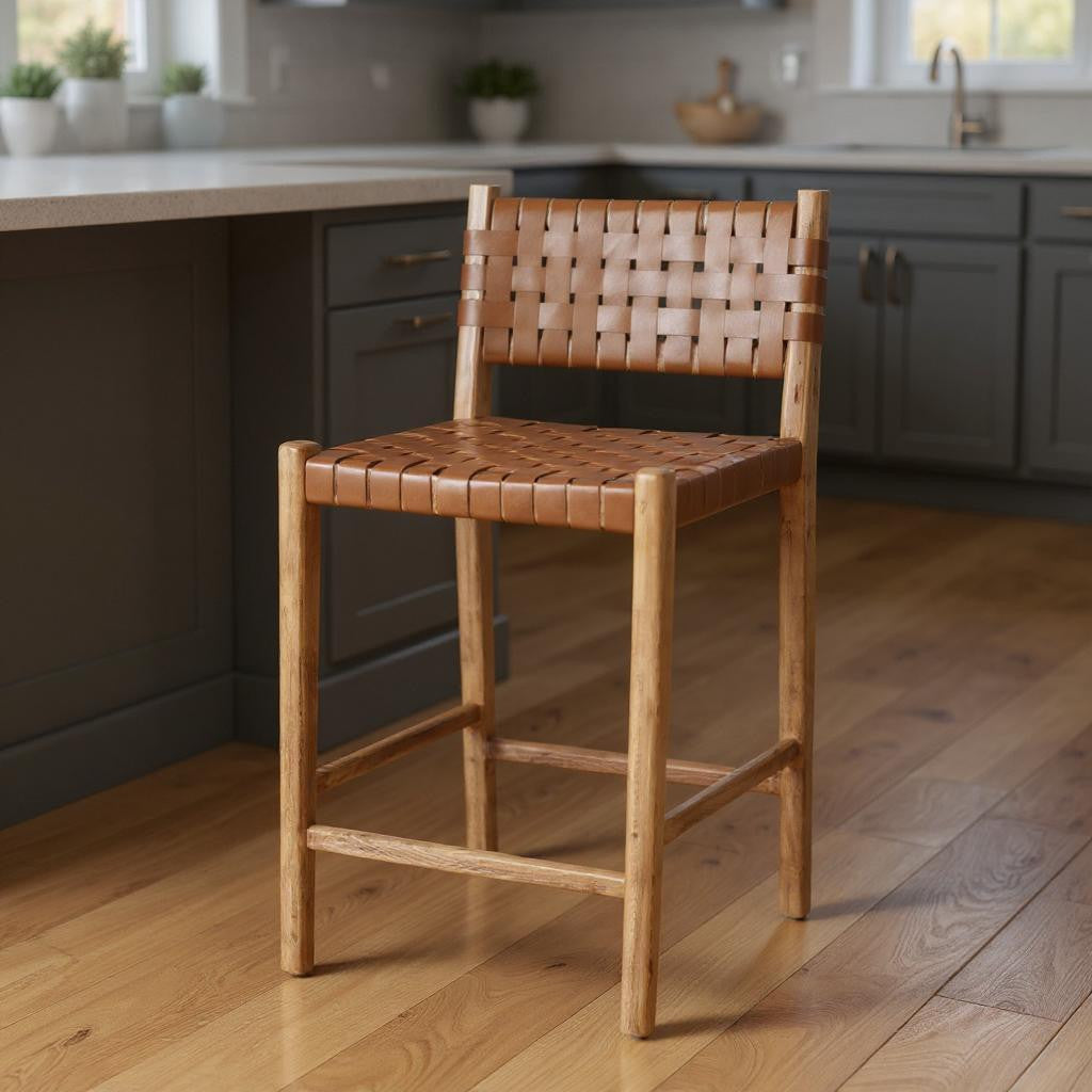 26" Brown and Natural Leather and Solid Wood Low Back Counter Height Bar Chair
