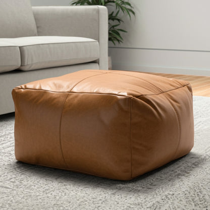 22" Tan Genuine Leather Pouf Ottoman