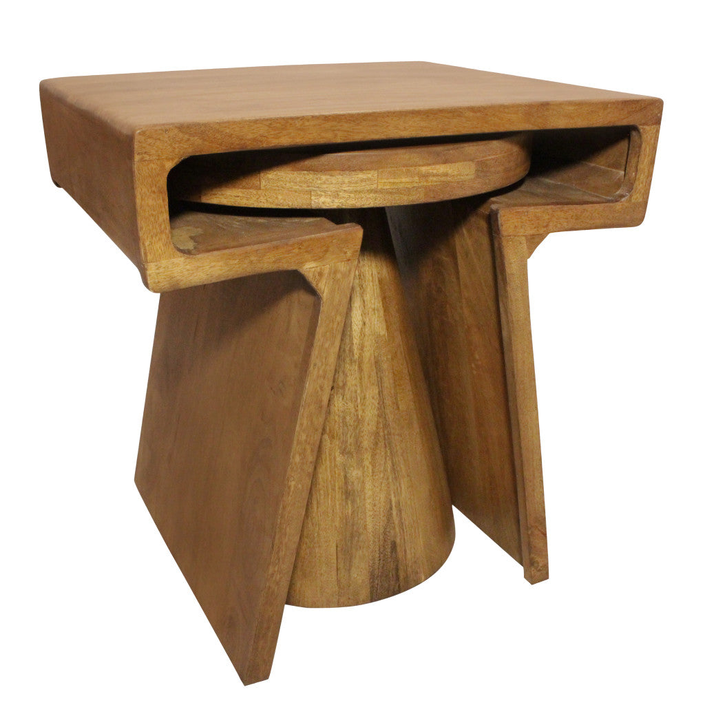 Set of Two Walnut Distressed Solid Wood Pedestal Nested Tables