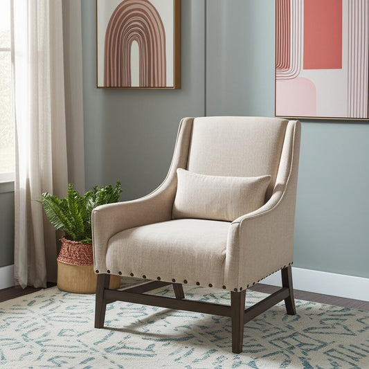 30" Cream and Brown Linen and Solid Wood Arm Chair