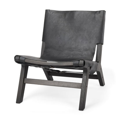 32" Black Genuine Leather and Solid Wood Slipper Chair