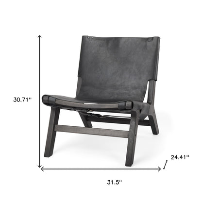 32" Black Genuine Leather and Solid Wood Slipper Chair