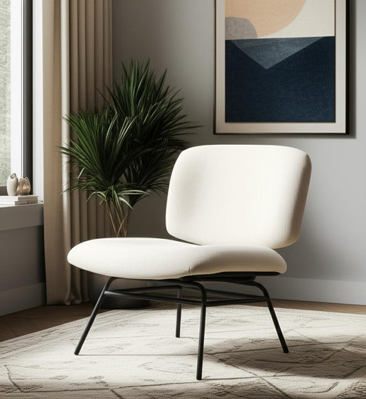 25" Cream and Black Chenille and Metal Slipper Chair