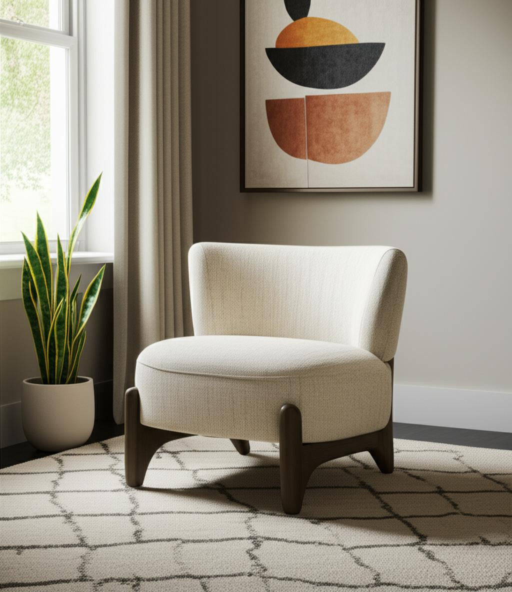 29" Cream and Dark Brown Upholstery and Solid Wood Slipper Chair