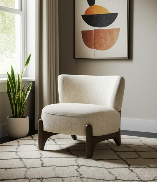 29" Cream and Dark Brown Upholstery and Solid Wood Slipper Chair