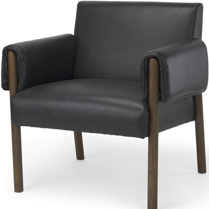 30" Black and Dark Brown Faux Leather and Solid Wood Arm Chair